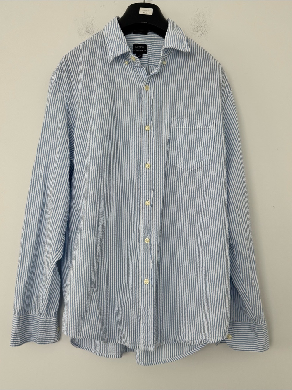 J.Crew Seersucker Slim Button Down Shirt Mens L Blue White Striped Long Sleeve